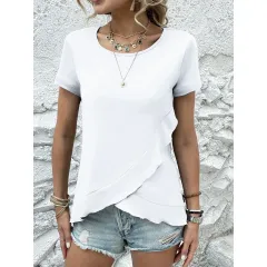 Women's Summer New Slim Fit Slimming Flounce Short Sleeve T-shirt Top - White - View 1