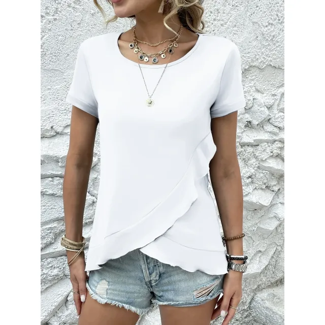 Women's Summer New Slim Fit Slimming Flounce Short Sleeve T shirt Top White - Shop at LoveMi