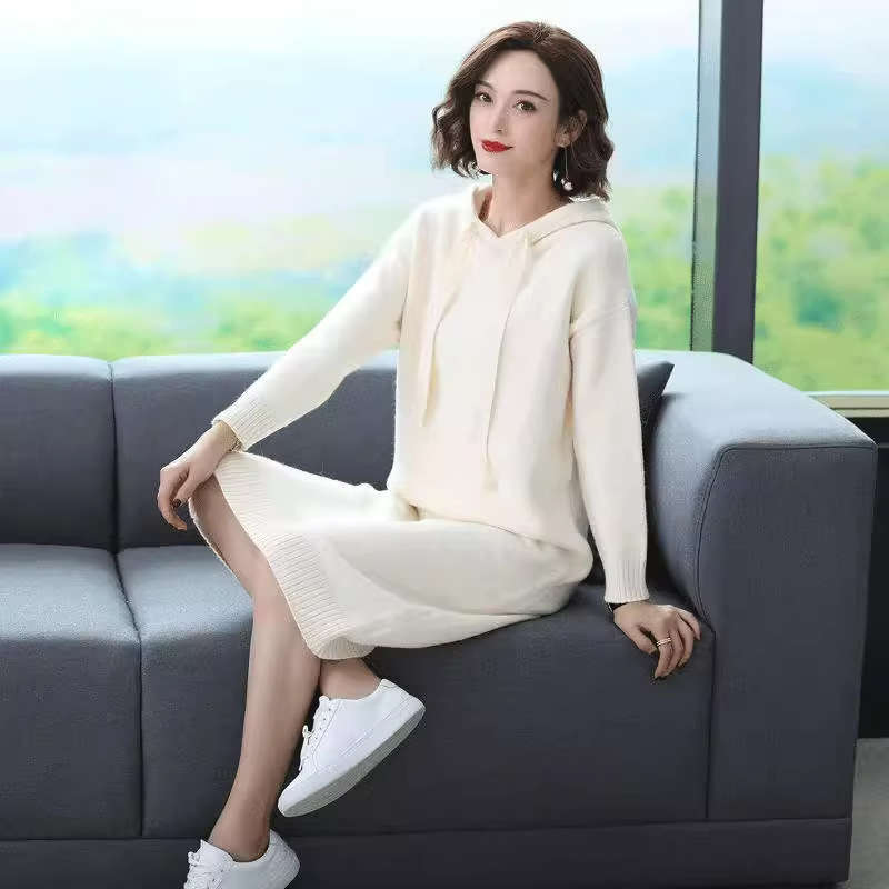 Hooded Women's Mid length Loose Inner Wear Knitted Sweater Dress Beige - Shop at LoveMi