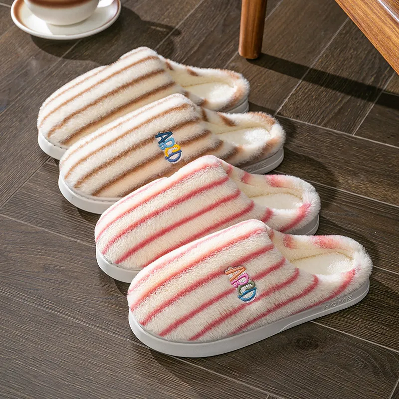 Ins Plush Striped Slippers Winter Warm Letter Embroidered Shoes Fashion Floor Bedroom Home Slipper For Women Men Couples