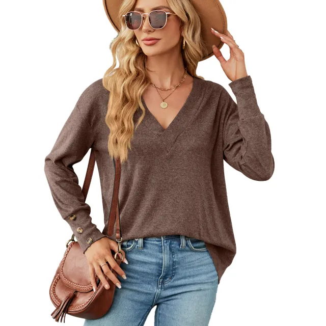 Solid Color And V neck Loose Long Sleeve Button T shirt Top Brown - Shop at LoveMi