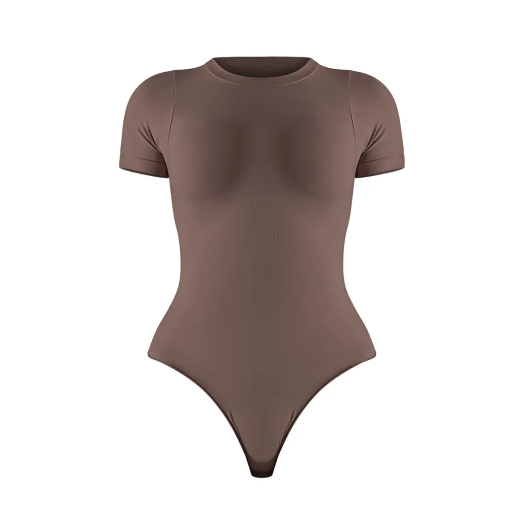 Women's Skinny Hip Raise Sports Short Sleeve Rompers - 6614 Shapewear Brown