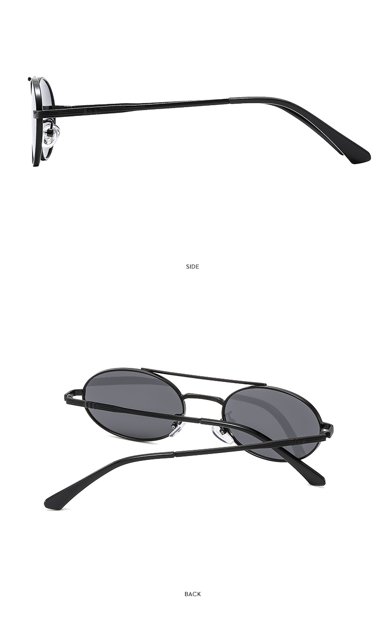 Oval dual-beam sunglasses C2 gold frame gray lenses, front view on model