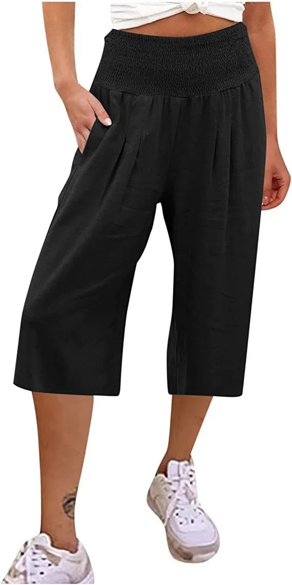 Women's Cotton And Linen Cropped Thin Casual Wide leg Pants Black - Shop at LoveMi