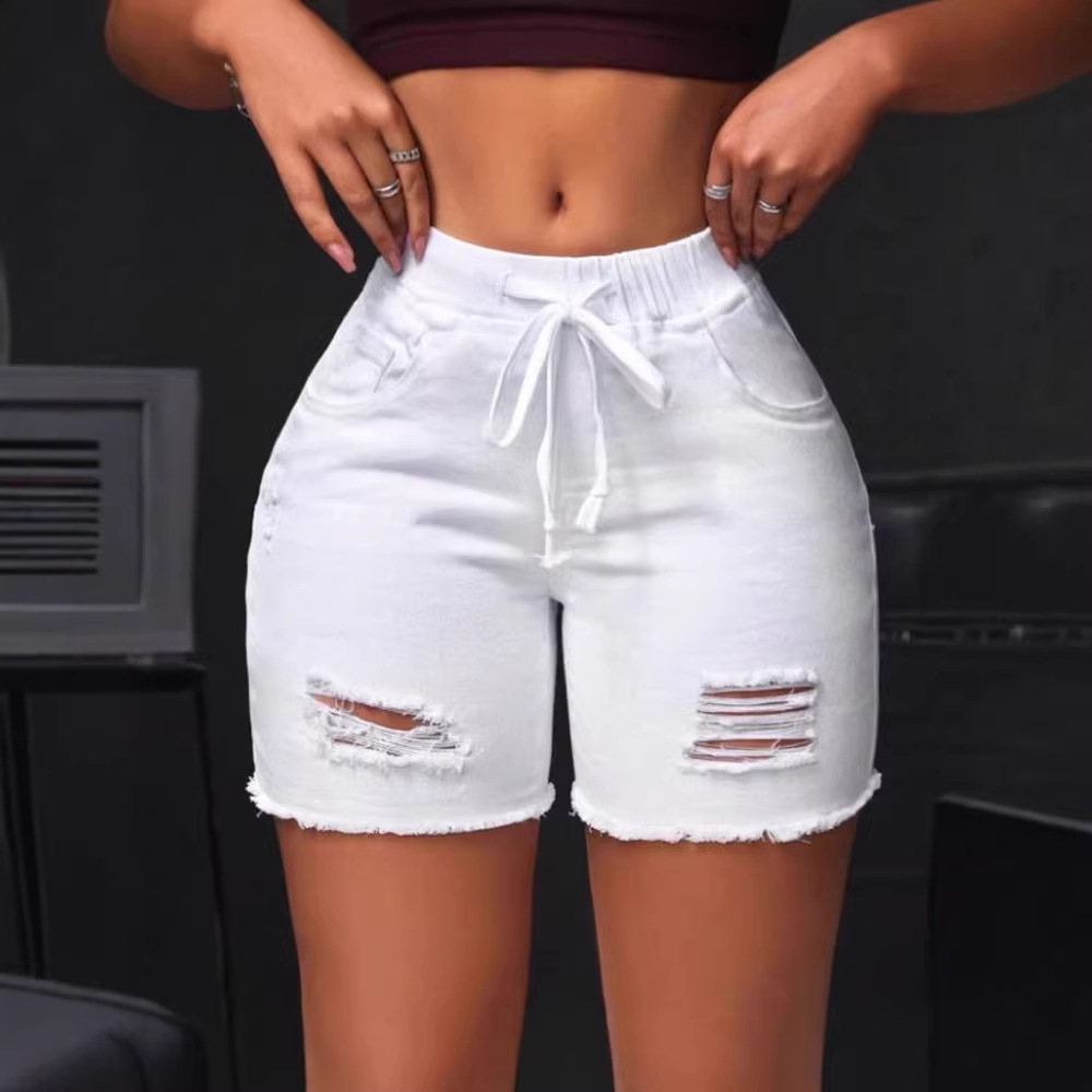 Womens White Ripped Denim Shorts For Summer thumbnail 2