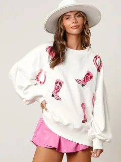 Sequined Boots Color Matching Top Long-sleeved Sweater For Women - White - View 1