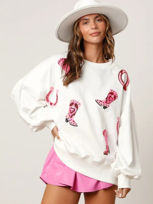 Sequined Boots Color Matching Top Long sleeved Sweater For Women White - Shop at LoveMi
