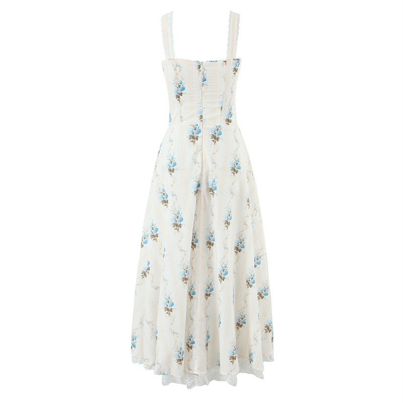 Elegant Cotton Printed Fishbone Waist Trimming Spaghetti Straps Tank Dress