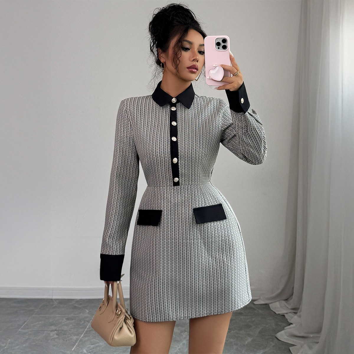 Button Long Sleeve Dress Plaid Women's Clothing Black - Shop at LoveMi