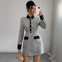 Button Long Sleeve Dress Plaid Women's Clothing - Black - View 1