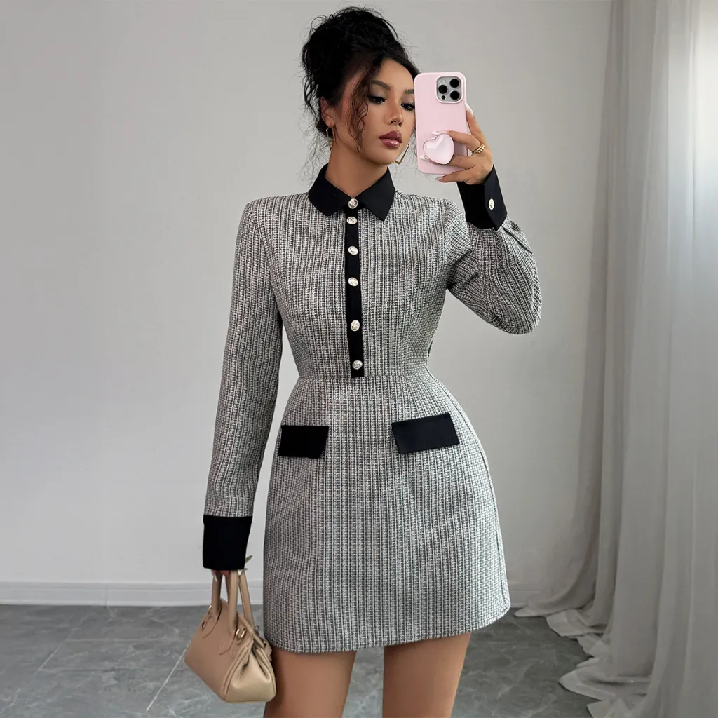 Button Long Sleeve Dress Plaid Women's Clothing - Black
