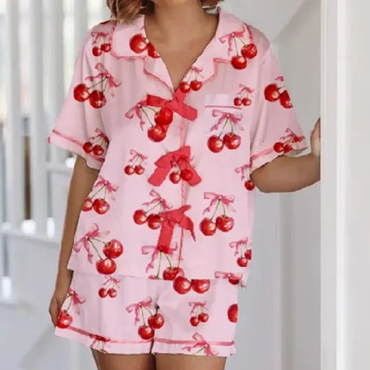 Heart Printing Short-sleeved Shorts Casual Suit Women's Homewear - Cherry-M