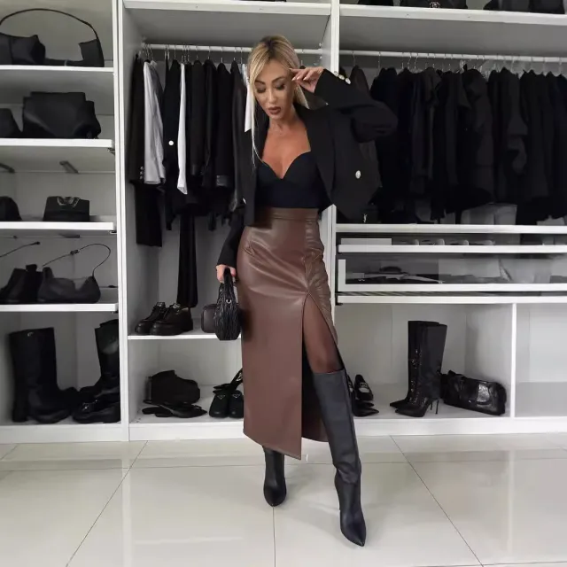 Sexy High Waist Split Leather Skirt Brown - Shop at LoveMi