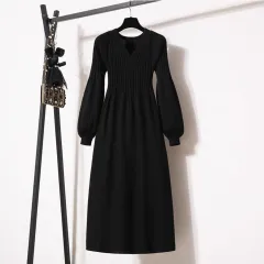 Loose Western Style Versatile Below The Knee Long Style Long Sleeve Dress - Black - View 1