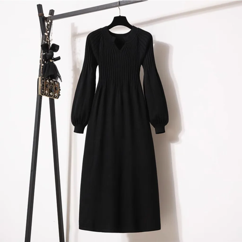 Loose Western Style Versatile Below The Knee Long Style Long Sleeve Dress - Black