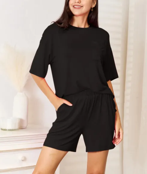 Women's Clothes Short Sleeve Shorts Suit - Black Qr27154