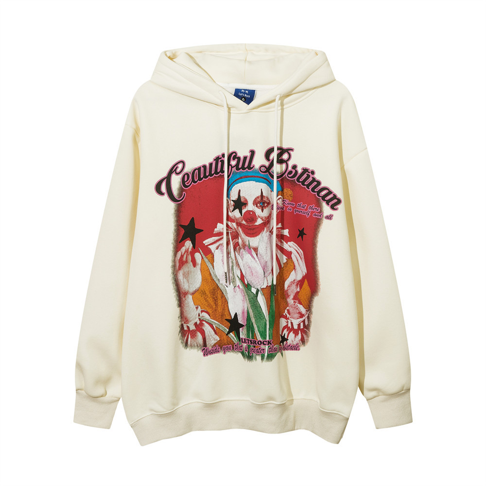 Clown Printed Hooded Velvet Padded Sweater Trendy Men's Long Sleeve Loose Casual Top