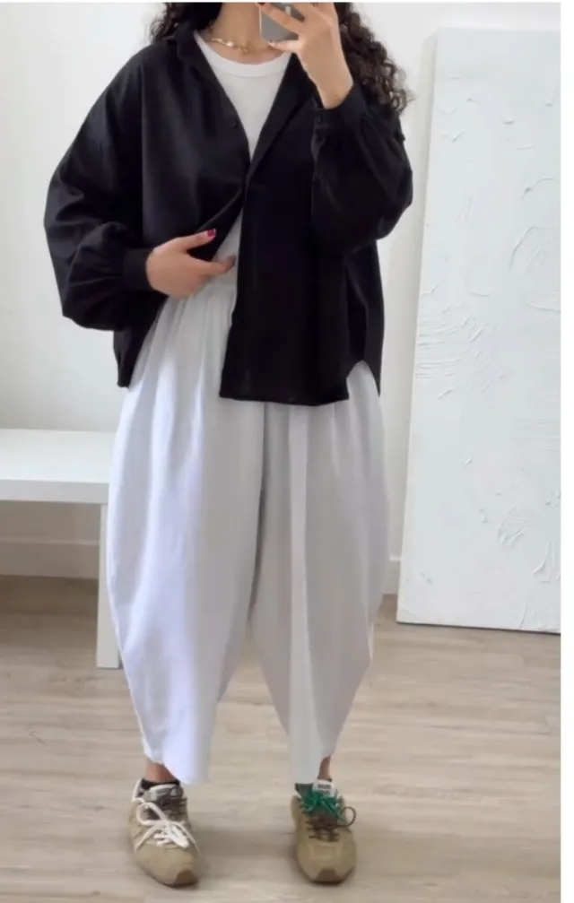 Cardigan Solid Color Top Two piece Pants Black Top And White Pants - Shop at LoveMi