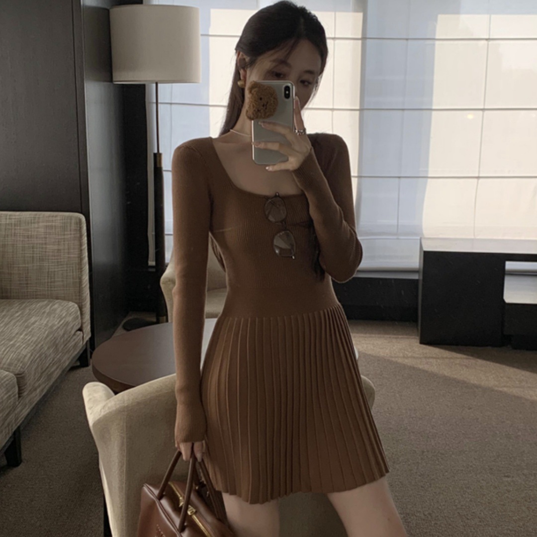 Womens Slim Fit Pleated Long Sleeve Dress Brown - Shop at LoveMi