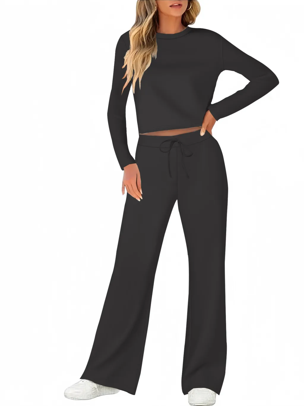 Solid Color T-shirt Round Neck Long Sleeve Trousers Suit - Dark Gray