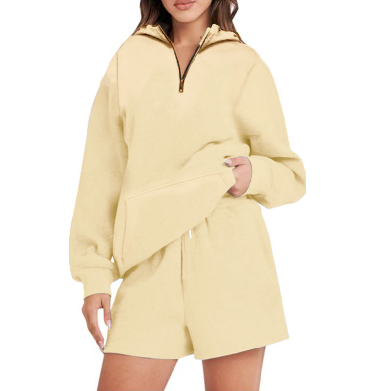 Women's Solid-color Hooded Sweatshirt And Shorts Set