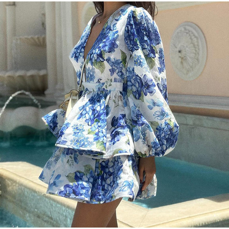 Women's V-neck Slim Fit Ruffled Printed Long Sleeve Dress