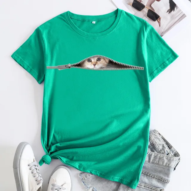Cat Printing Cotton Round Neck Short Sleeve Women's T shirt Tops Dark Green - Shop at LoveMi