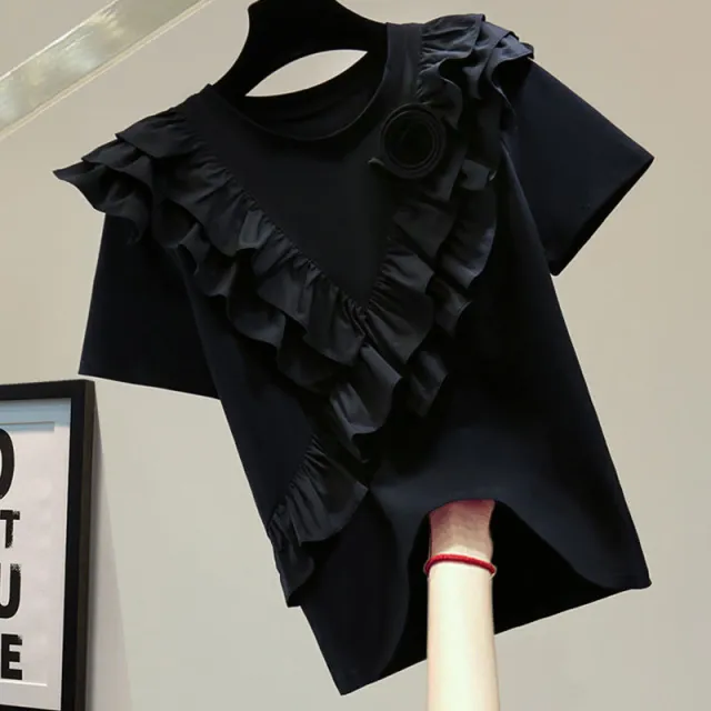 Women's Loose Slimming Flounce All match Solid Color Short Sleeve Black - Shop at LoveMi