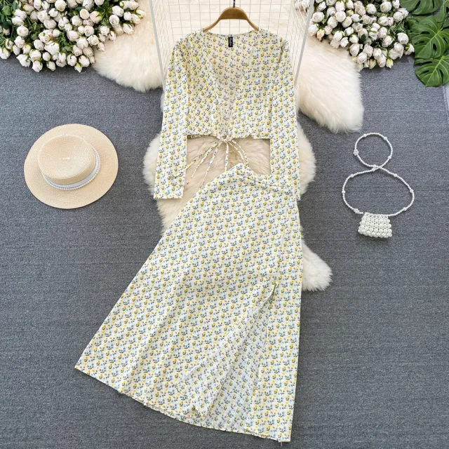 European And American style Long sleeve Deep V neck Tie up Top Two piece Set Apricot - Shop at LoveMi
