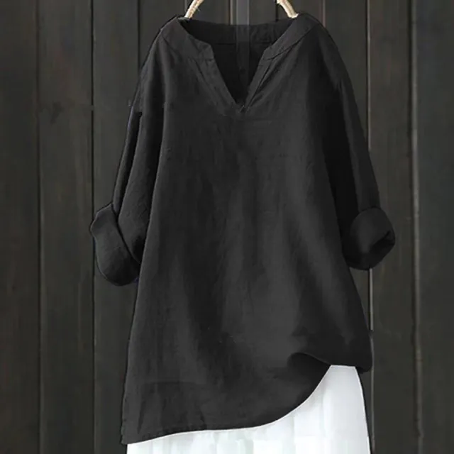 Loose Plus sized Comfortable Solid Color Pullover Cotton And Linen Top For Women Black - Shop at LoveMi