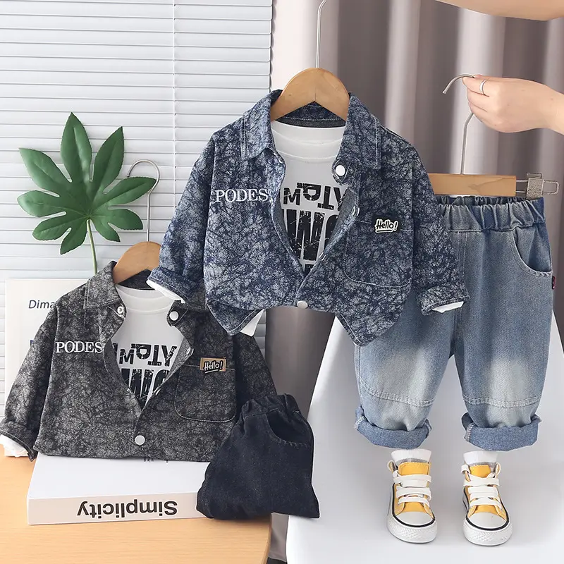 Boys' Long-Sleeve Denim Casual Three-Piece Set