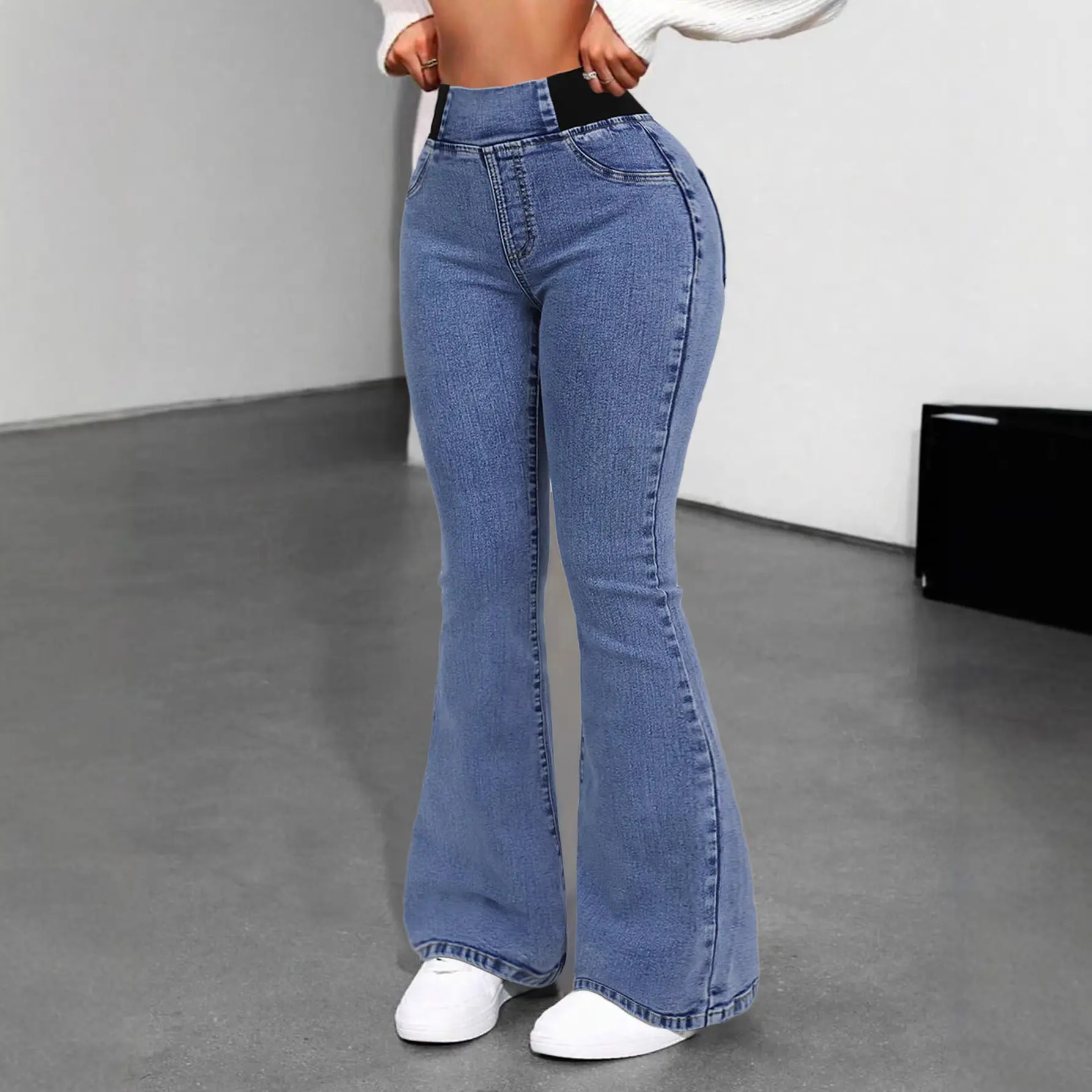 High-elastic Flared Jeans Solid-color Denim Pants