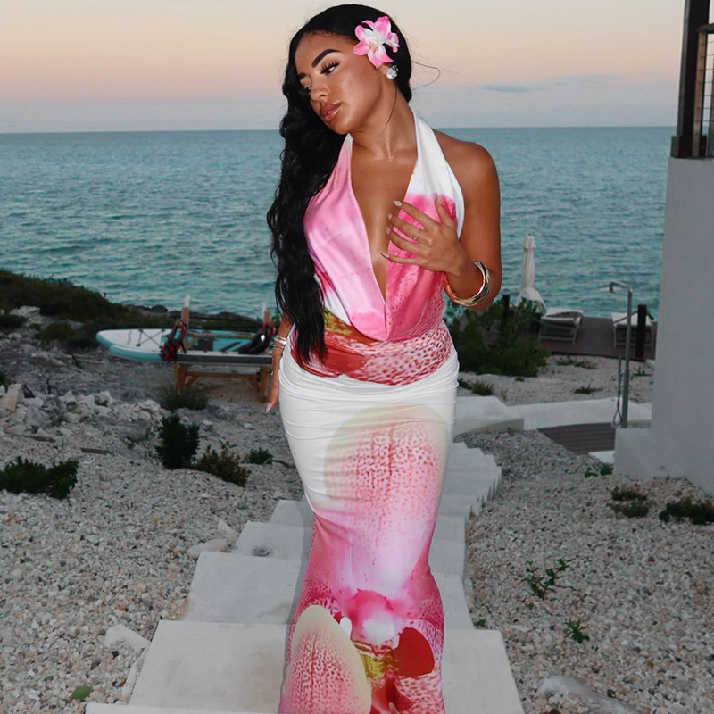 European American Fashion Floral Print Waist-tight Slim Backless Lace-up Dress