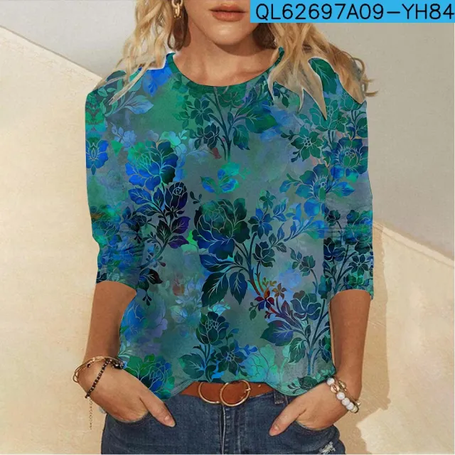 Floral Element Creative Casual Long Sleeve Women's T shirts Blue Black Line - Shop at LoveMi
