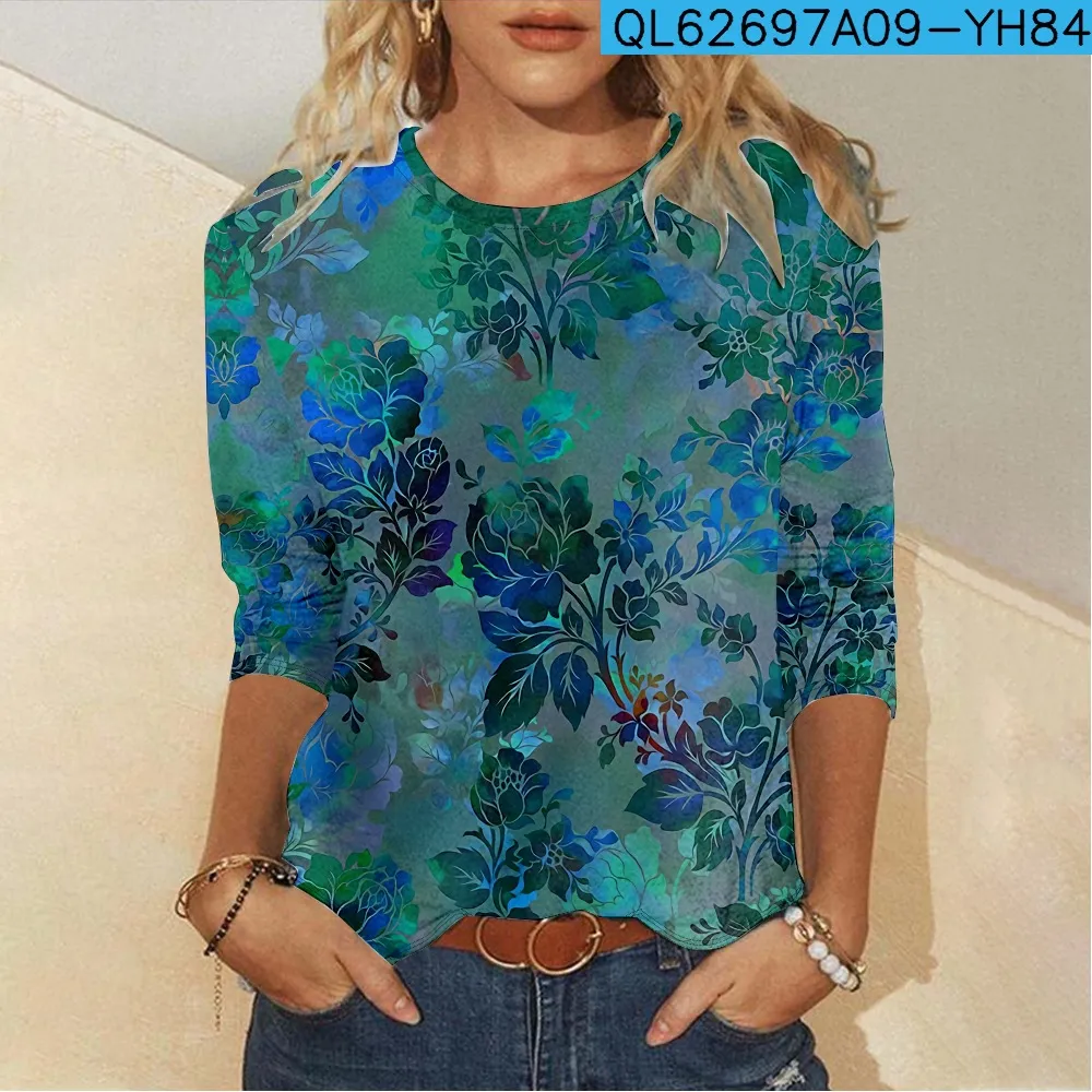Floral Element Creative Casual Long Sleeve Women's T-shirts - Blue Black Line