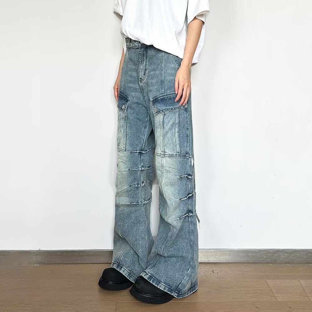 Retro High Street Vibe Design Workwear Washed Light Color Loose Jeans For Men