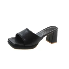 European And American Chunky Heel Square Toe Toe Baring Sandal Women - Black - View 1