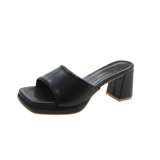 European And American Chunky Heel Square Toe Toe Baring Sandal Women Black - Shop at LoveMi