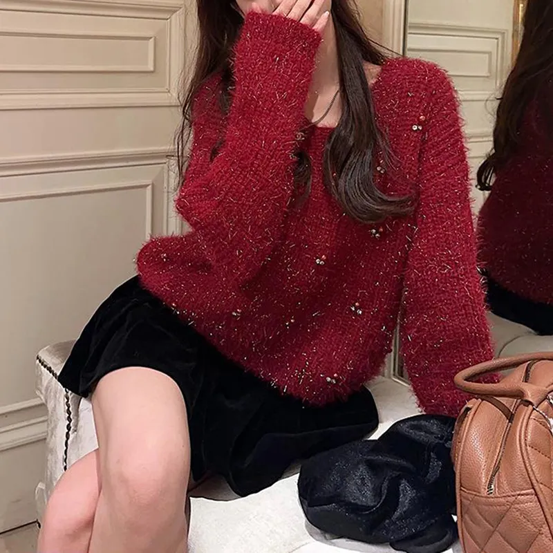 Women's Heavy Industry Beaded Loose Red New Year Pullover Sweater - Red