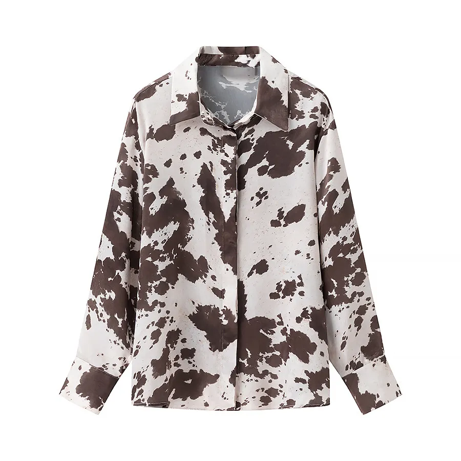 New Animal Print Satin Blouse And Skirt Set For Women - Shirt-L
