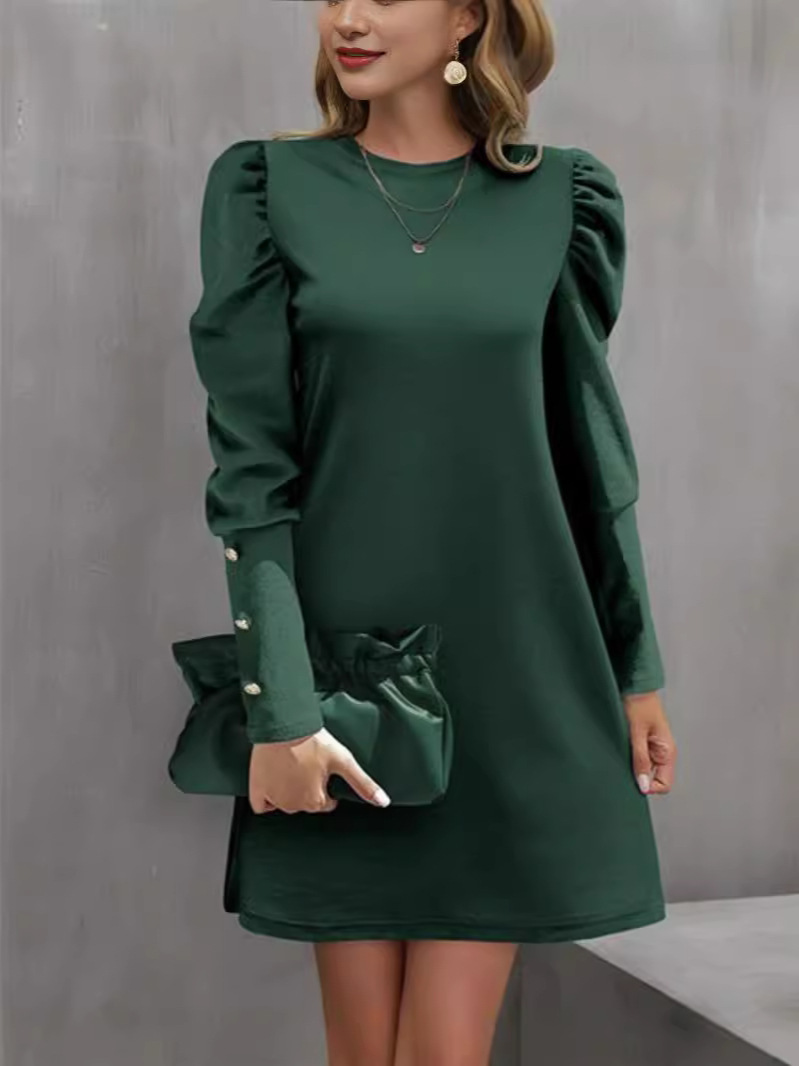 Autumn And Winter New Round Neck Bubble Sleeve Button Long Sleeve Dress Green - Shop at LoveMi