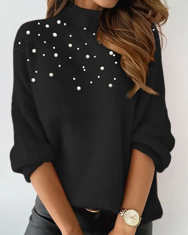 European And American Women's Clothing Beaded Turtleneck Long sleeved Top Black - Shop at LoveMi