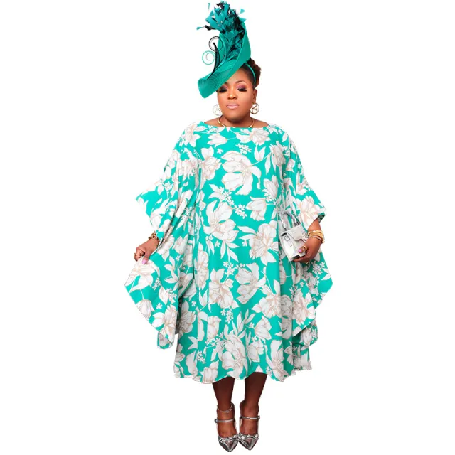 Women's Multi color Split Skirt With Kimono Sleeves Plus size Dress Cyan - Shop at LoveMi