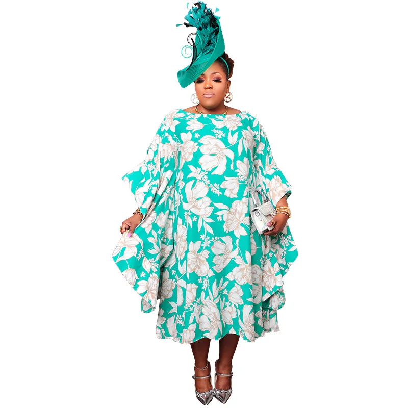 Women's Multi-color Split Skirt With Kimono Sleeves Plus-size Dress - Cyan