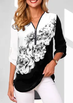 V-neck Zipper Long Sleeve Rollable Sleeves Loose Shirt - Element 2-5Xl - View 1