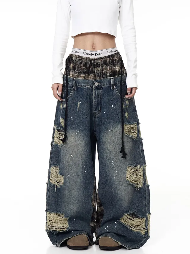 Womens Retro Ripped Wide Leg Denim Jeans Blue - Shop at LoveMi