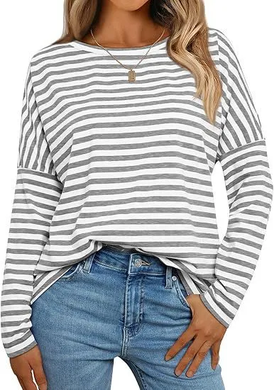 Women's Long sleeved Round Neck T shirt Striped Contrast Color Gray - Shop at LoveMi