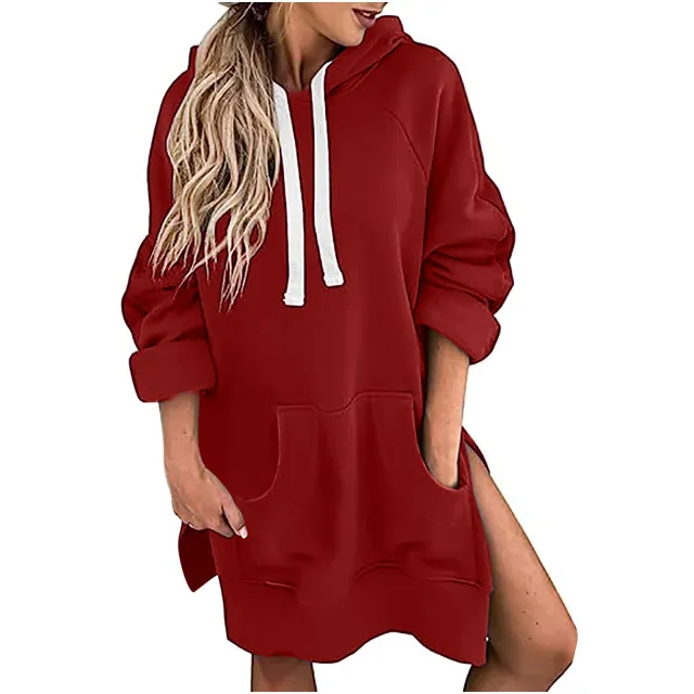 Loose fitting Women's Sweater Long Sleeve Solid Color Drawstring Top Red - Shop at LoveMi