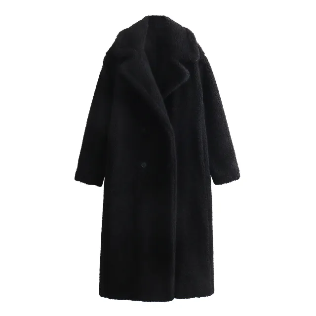 Autumn New European And American Style Fleece Double Row Ornament Loose Overcoat Coat Black - Shop at LoveMi