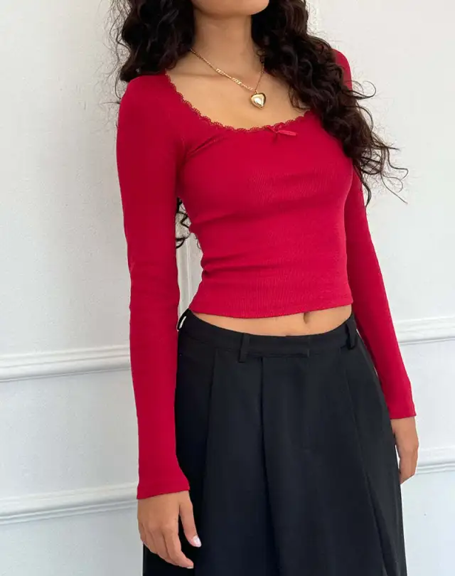 Women's Fashion U Collar Small Lace Knitted Bottoming Shirt Red - Shop at LoveMi